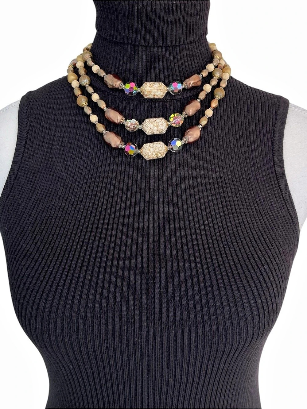 Vintage Layered Beaded Statement Necklace in Brown & Cream